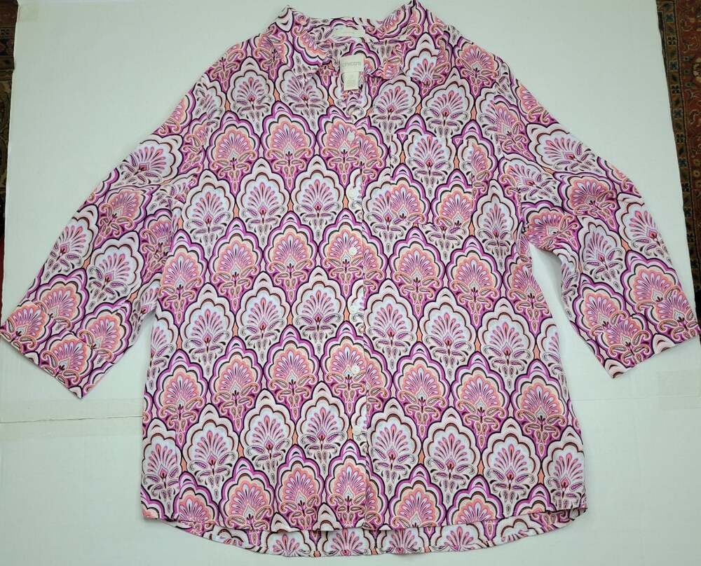 Chico's Blouse No Iron Linen 3/4 Sleeve Boho Button Down Pink Paisley Sze 2 US L